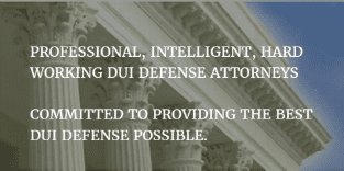 Text overlay promoting professional DUI defense attorney services with a courthouse background.