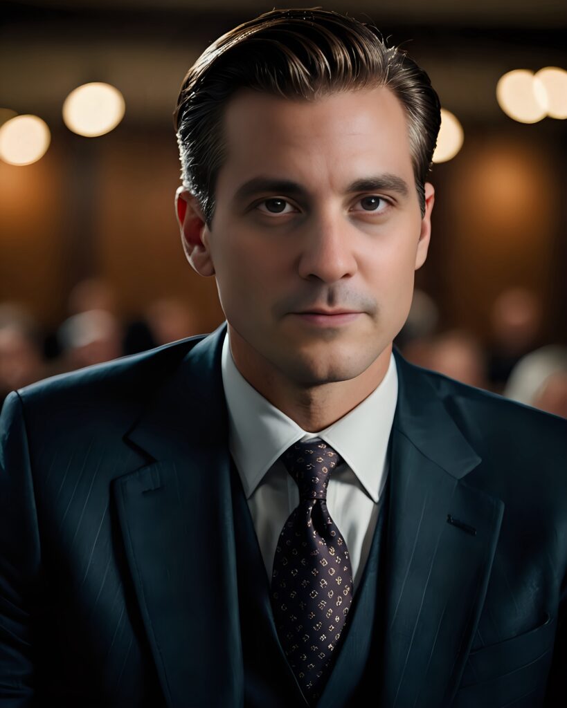 A man in a suit looking confidently at the camera in a dimly lit setting.